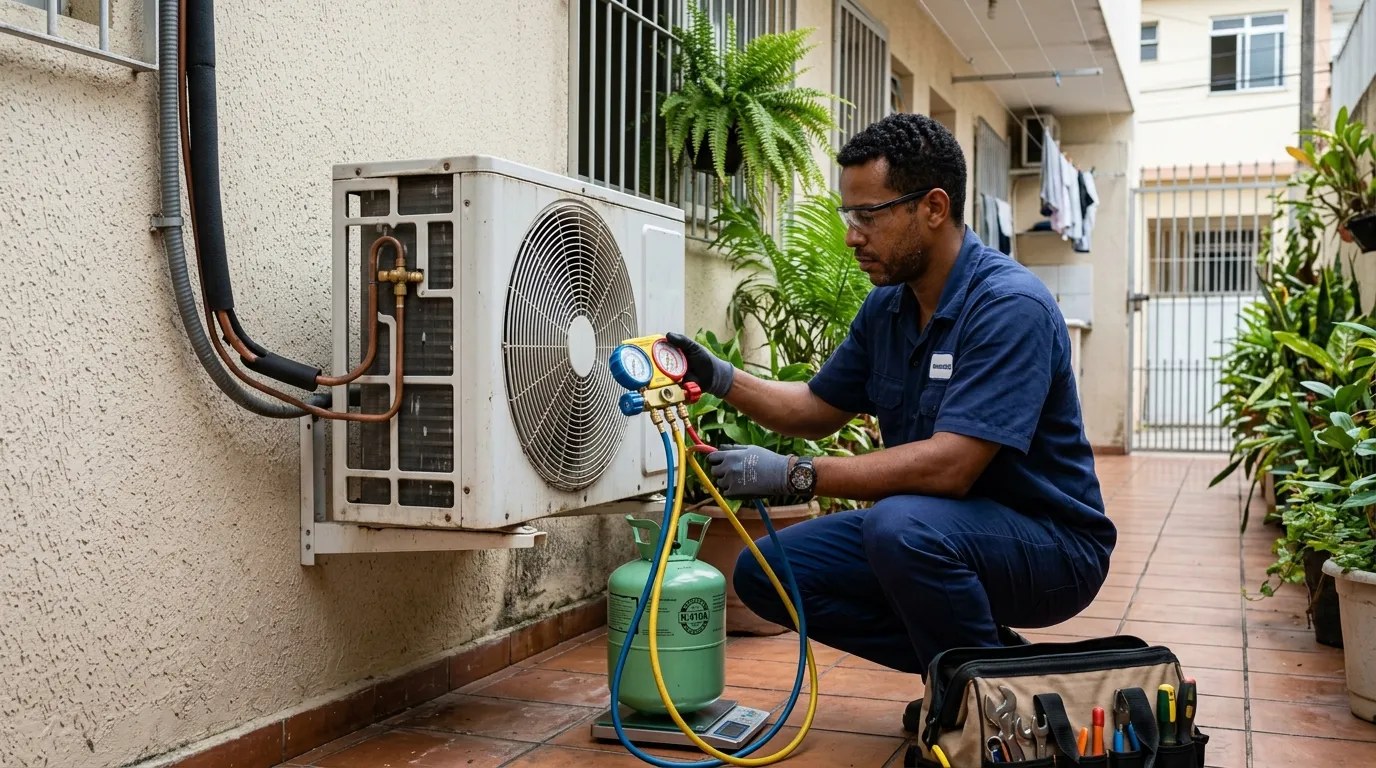 Técnico fazendo carga de gás na condensadora do ar-condicionado em Recife‑PE