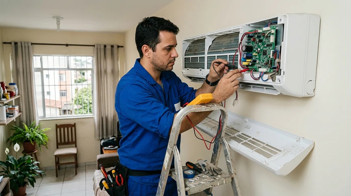 Técnico trocando a placa eletrônica de ar-condicionado split em Recife‑PE