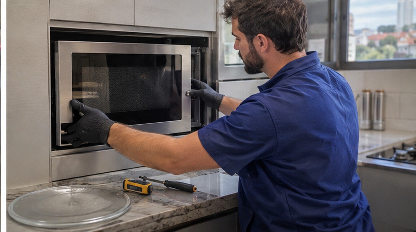Conserto de micro-ondas de embutir em Recife‑PE: técnico encaixando o aparelho no armário