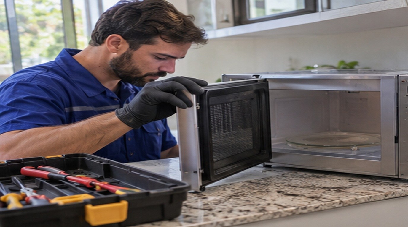 Conserto de micro-ondas em Recife‑PE: técnico abrindo um micro-ondas de bancada