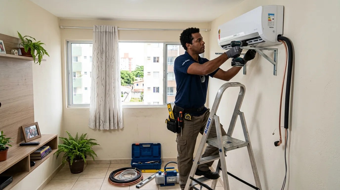 Técnico instalando ar-condicionado split em residência em Recife‑PE