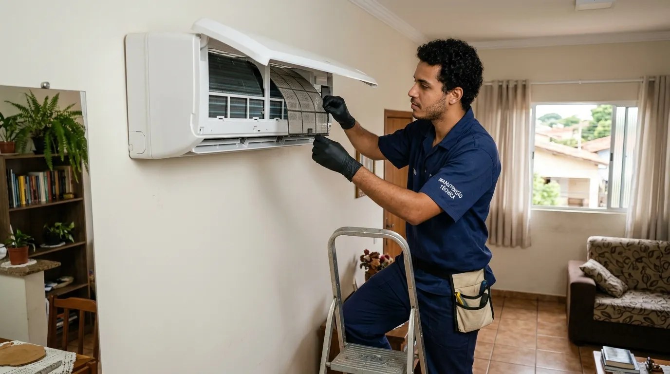 Técnico fazendo limpeza e higienização de ar-condicionado split em Recife‑PE