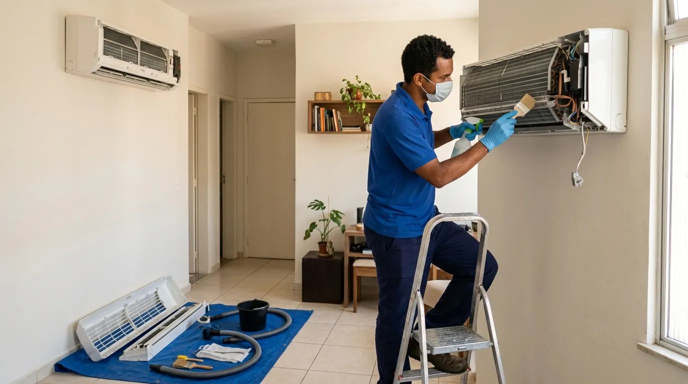 Técnico fazendo manutenção de ar-condicionado split em Recife‑PE