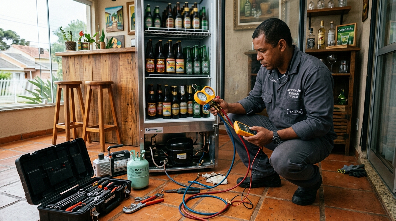 Técnico conferindo a temperatura de uma cervejeira durante atendimento em Iputinga, Recife‑PE