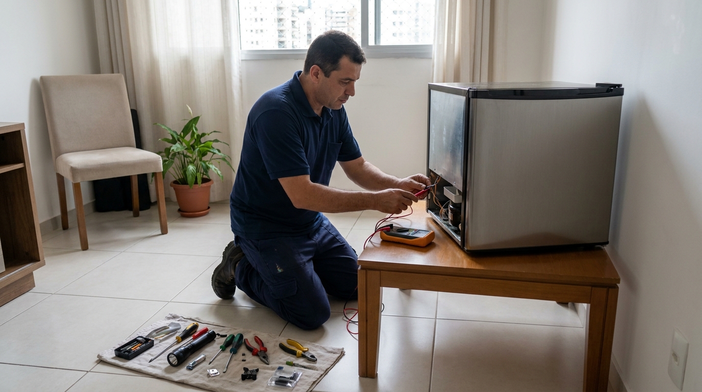 Técnico avaliando um frigobar compacto durante atendimento em Ipsep, Recife‑PE